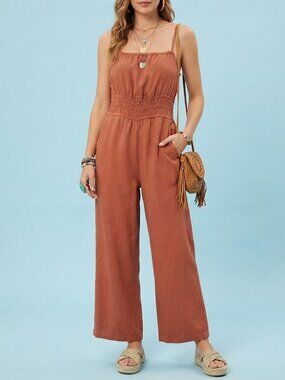Burnt Orange Linen Blend Wide-Leg Jumpsuit